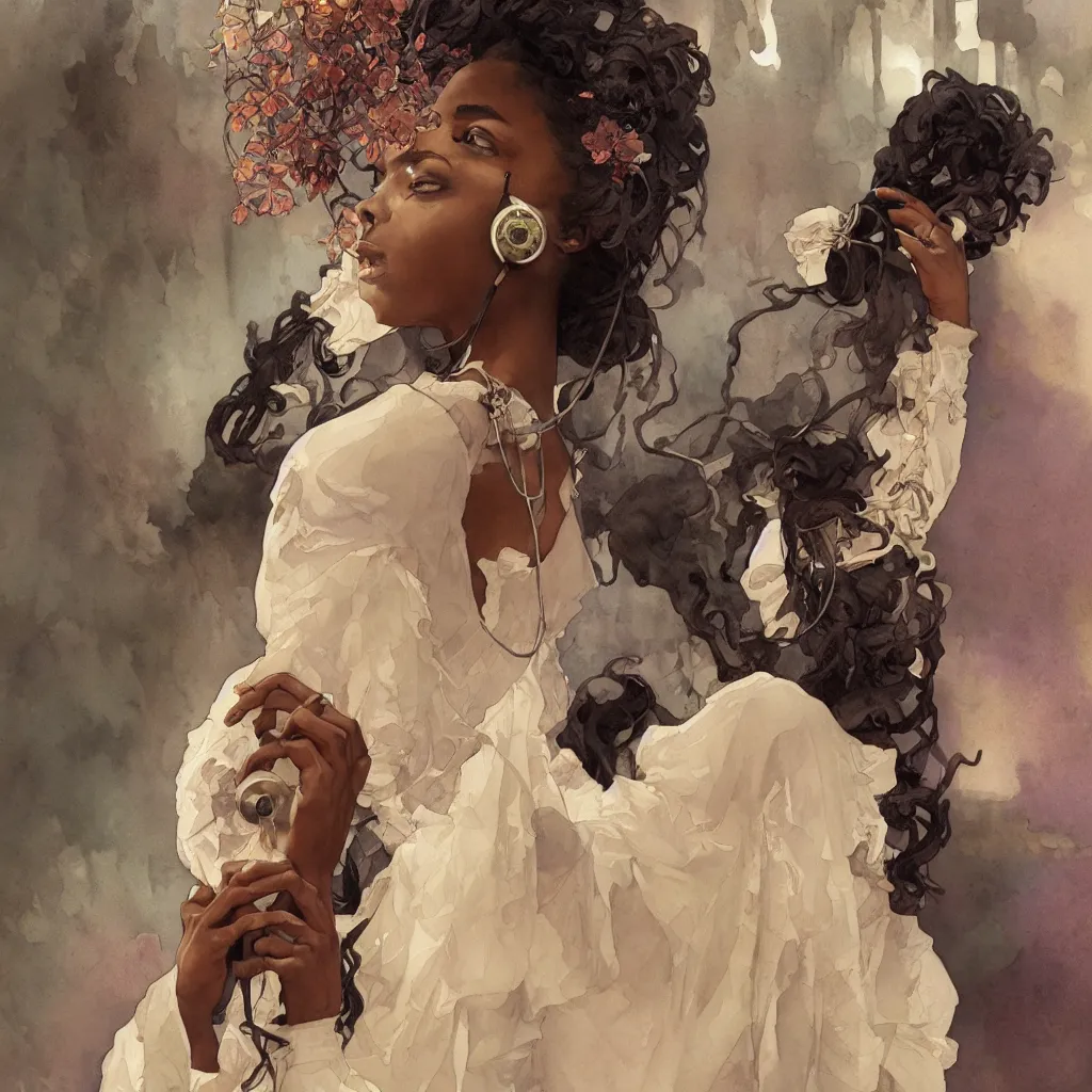 Image similar to a beautiful watercolor painting of a young black woman waiting by the telephone, intricate, elegant, highly detailed, digital painting, artstation, concept art, art by krenz cushart and artem demura and alphonse mucha, smooth, sharp focus, dynamic lighting, ultrarealistic, cinematic, octane render, 8 k