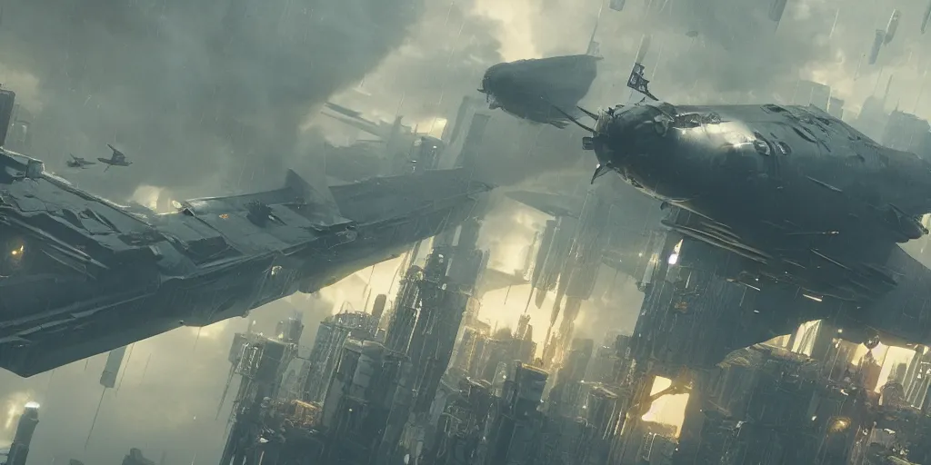 Image similar to screenshot from a renaissance airship cyberpunk cinematic masterpiece, fps, cinematography, photo, photography, 4 k, by greg rutkowski, roger deakins