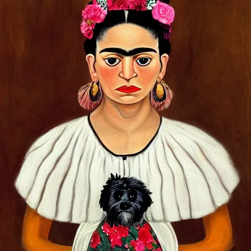 Image similar to a cream colored havanese dog as frida kahlo, portrait by frida kahlo