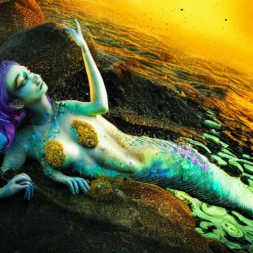 Prompt: a sad mermaid covered in toxic glowing sludge, wildlife photography, ultra realistic, intricate details, highly detailed, photorealistic, 8 k