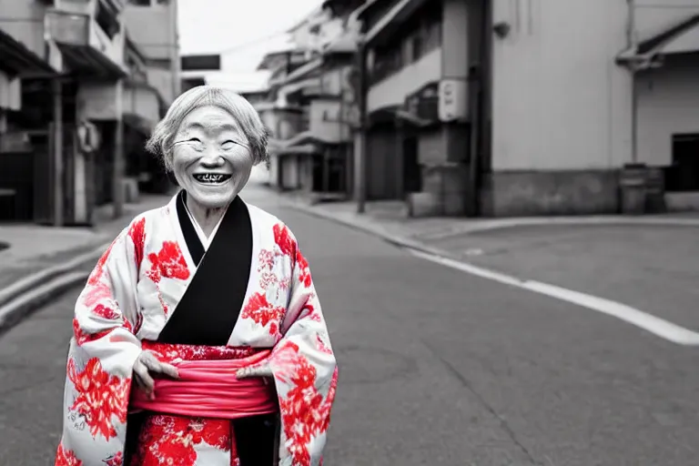 Prompt: still photo of a japanese old woman smiling at the camera wearing a kimono on a street, black and white color aesthetic, highly detailed, photorealistic portrait, bright studio setting, studio lighting, crisp quality and light reflections, unreal engine 5 quality render