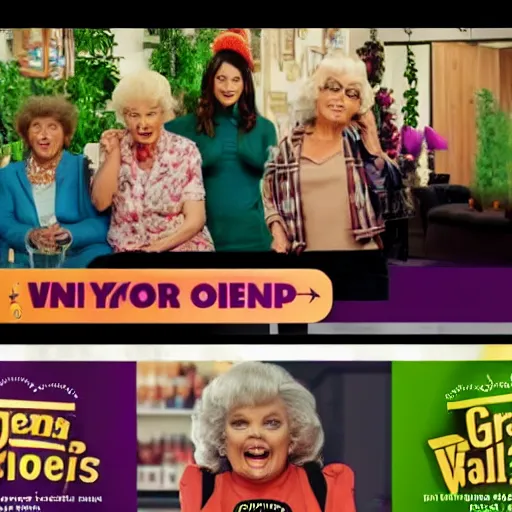 Prompt: Golden Girls open up a cannabis shop grand opening TV ad screenshot directed by Tim and Eric