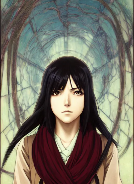 Prompt: portrait of mikasa ackerman aot, path traced, highly detailed, high quality, digital painting, by studio ghibli and alphonse mucha, leesha hannigan, hidari, art nouveau, chiho aoshima, posuka demizu