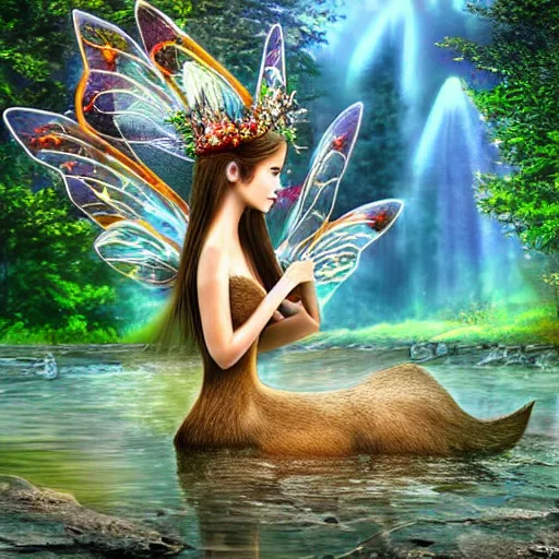 Image similar to fantasy photography wide angle waterside deer fairy ultrarealistic 1 5 0 mpx