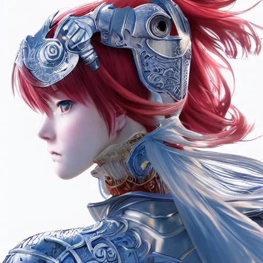 Prompt: a red haired female knight as an absurdly beautiful, elegant, sensual anime girl, blue background, ultrafine hyperrealistic detailed face illustration by kim jung gi, irakli nadar, intricate linework, sharp focus, bright colors, matte, octopath traveler, final fantasy, unreal engine highly rendered, global illumination, radiant light, intricate environment