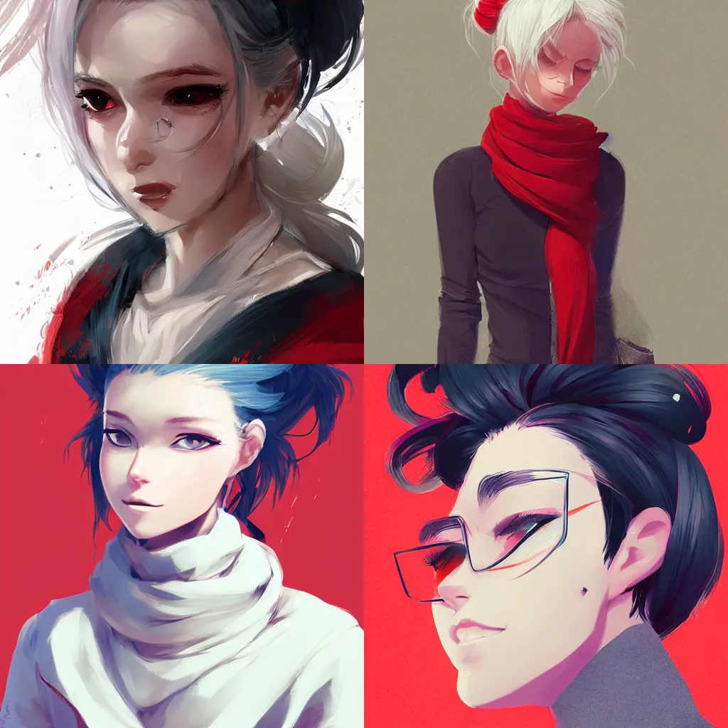 Prompt: portrait of a girl with white hair in a messy hairbun. She is wearing a short black tshirt, jeans pants, a red scarf. digital art, character design. in the style of wlop, rossdraws, artstation trending