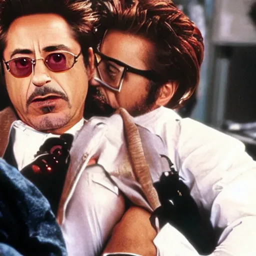 Prompt: robert downey jr. starring in weekend at bernie's 3, robert downey jr with rotten flesh, bernie's rotting corpse in a vegas casino.