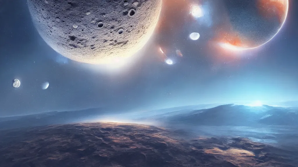 Image similar to A view from earth of the collision of the moon and the earth, art by Jessica Rossier,