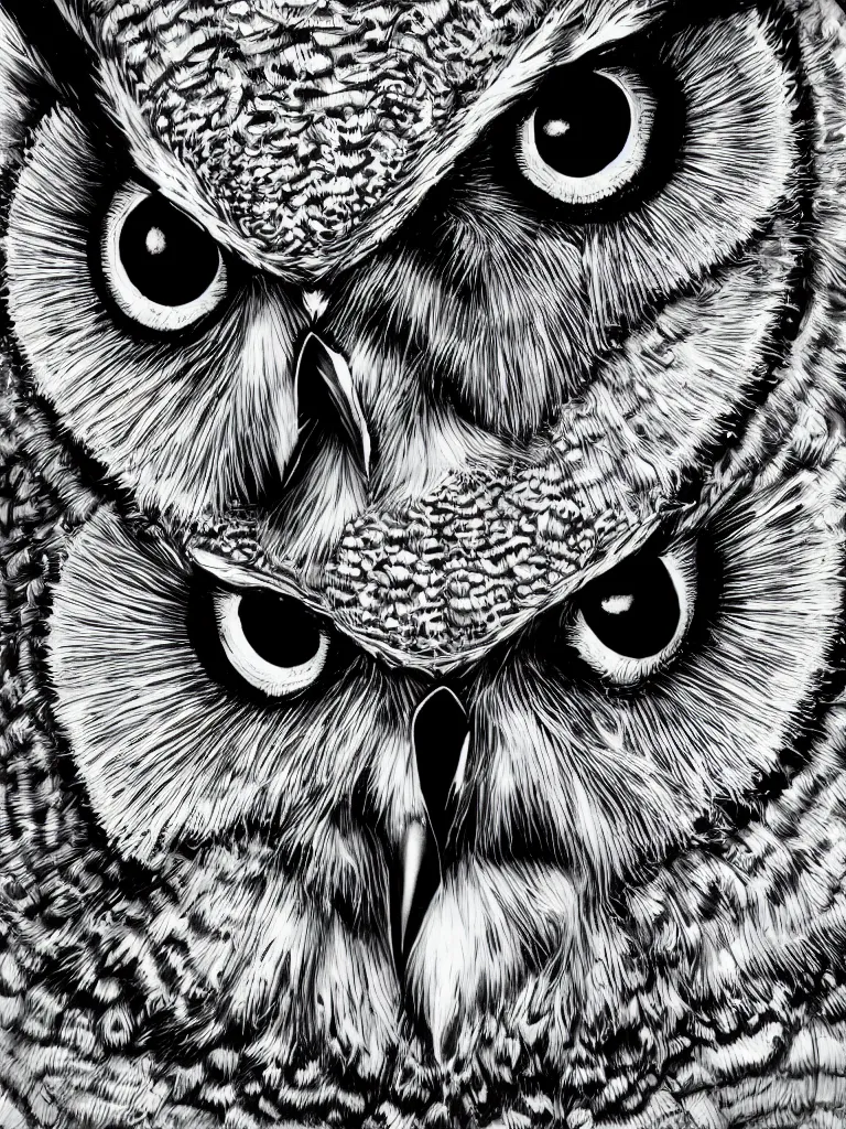 Image similar to hyperrealist highly detailed cinematic lighting studio portrait of a great horned owl, high contrast wood engraving, kentaro miura and junji ito manga style, shocking detail trending on artstation 8 k