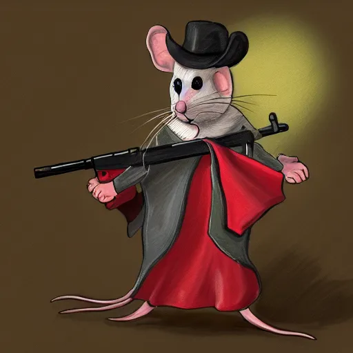 Prompt: painting of a rat in a cape holding a shotgun, digital art