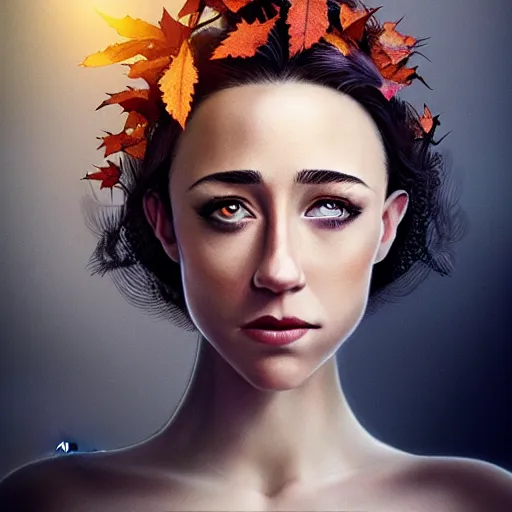 Image similar to gorgeous female stella maeve magician, realistic character concept, overhead shot, drone shot, elegant pose, spooky, illustration, symmetrical face and body, cinematic lighting, detailed realistic symmetrical eyes, 8 k, joshua middleton, artgerm, tom bagshaw, single face, insanely detailed and intricate elegant, autumn leaves