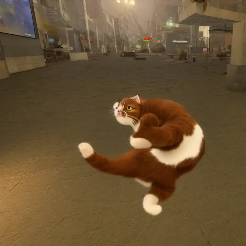 Image similar to a very cute cat jumping, unreal engine, path tracing