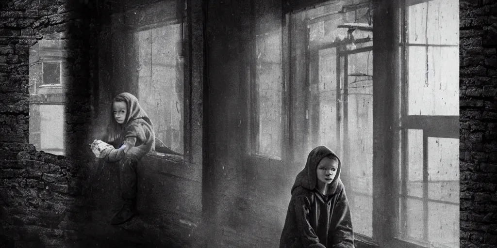 Image similar to at night, sadie sink in hoodie sits on windowsill, knees tucked in | rain falls, old brick wall with ussr propaganda posters : imax b & w film stock, anamorphic, single long shot from schindler's list, by james cameron. cyberpunk, photorealistic, cinematic atmosphere, detailed and intricate, perfect anatomy