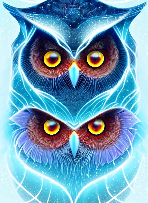 Image similar to symmetry!! product render poster vivid colors divine proportion owl, ice and snow, glowing fog intricate, elegant, highly detailed, digital painting, artstation, concept art, smooth, sharp focus, illustration,