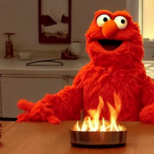 Prompt: Elmo sitting a table the room around him on fire, Elmo is calm thinking this is fine