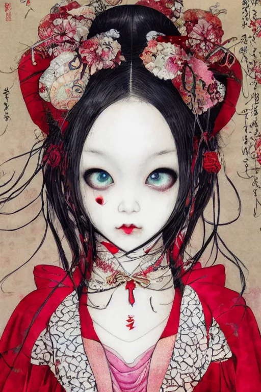 Image similar to watercolor painting of an avant - garde japanese bjd geisha vampire queen in a victorian lolita fashion red dress in the style of lovecraftian horror painted by yoshitaka amano, takato yamamoto, ayami kojima, dmt art, symmetrical vogue face portrait, intricate detail, artstation, cgsociety, artgerm, rococo