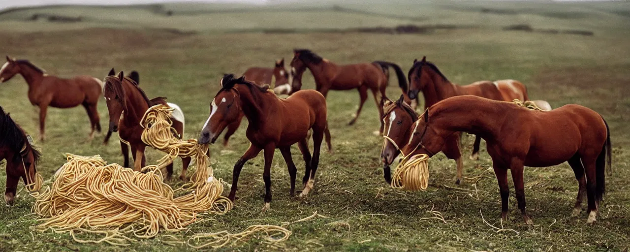 Image similar to horses eating spaghetti, battle of the somme, world war 1, canon 5 0 mm, kodachrome, in the style of wes anderson, retro