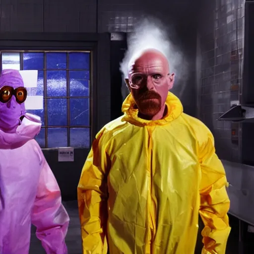 Image similar to Willy Wonka and Walter White in hazmat suits in the chocolate factory, photorealism, 8k