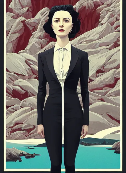 Prompt: Twin Peaks poster artwork by Michael Whelan and Tomer Hanuka, Karol Bak, Rendering of girl in tuxedo with black wavy short haircut, elegant, 2d, ultra highly detailed, digital painting, smooth, sharp focus, artstation, trending on artstation, art by Ilya Kuvshinov, from scene from Twin Peaks, full of details, by Makoto Shinkai and thomas kinkade, Matte painting, trending on artstation and unreal engine