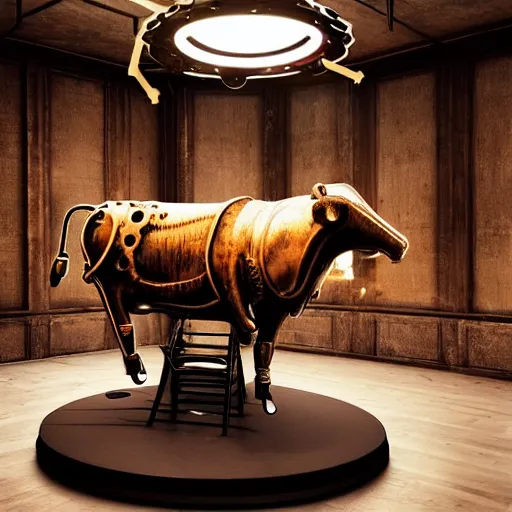 Prompt: a clockwork mechanical bull there are gears sticking out of the bull the room is filled with steam, ultra high detail, high particle effects, highly reflective surface, realistic reflections, steam filled room