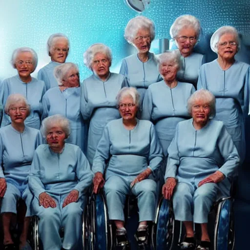Prompt: troop of 1 2 0 - year - old grannies with white bob hairdos, tight light blue neopren pilot suits, futuristic cloning facility, sci - fi, highly detailed, cinematic
