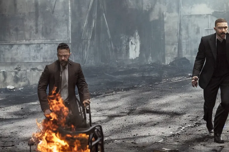 Image similar to film still of Tom Hardy as Max Payne trying to escape a creepy funhouse that is on fire in the Max Payne movie, 4k