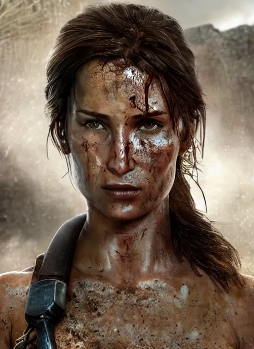 Prompt: a film still of lara croft as cop, her face muddy and sweat, direct sun light, close up potrait, cinematic,