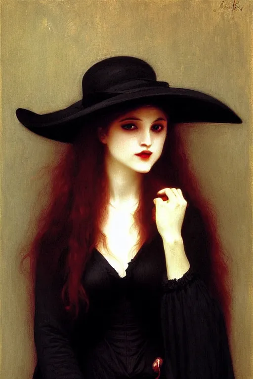 Image similar to vampire in a big black hat painting by rossetti bouguereau, detailed art, artstation