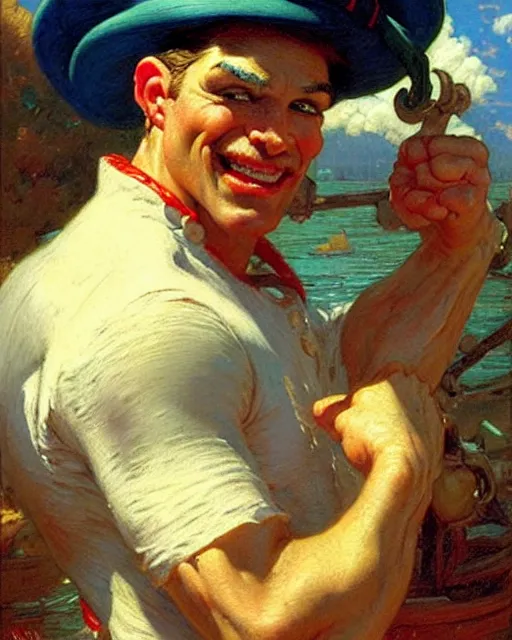 Image similar to attractive popeye the sailor man eating a spinach salad, painting by gaston bussiere, craig mullins, j. c. leyendecker,