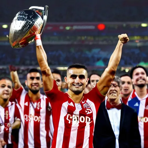Prompt: Dusan Tadic lifting the UEFA Champions League trophy for AFC Ajax