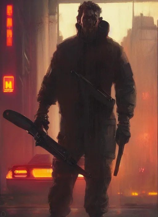 Image similar to Ronald McDonald in Tactical Gear with a baseball bat, blade runner 2049 concept painting. Epic painting by Craig Mullins and Alphonso Mucha. ArtstationHQ. painting with Vivid color