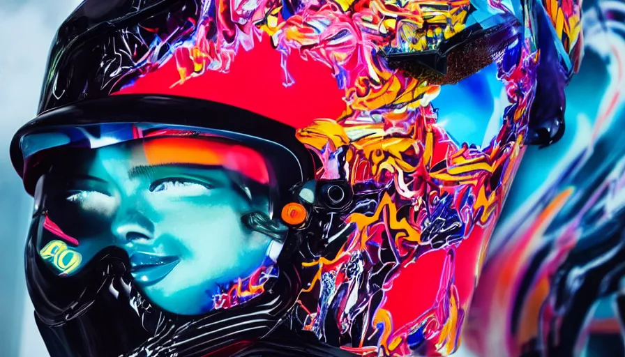 Prompt: extremely beautiful photo of a black marble statue of a girl with colorful motocross logos and motorcycle helmet with closed visor, colorful smoke in the background, carved marble statue, symmetrical, vogue, fine art, neon genesis evangelion, virgil abloh, offwhite, denoise, highly detailed, 8 k, hyperreal