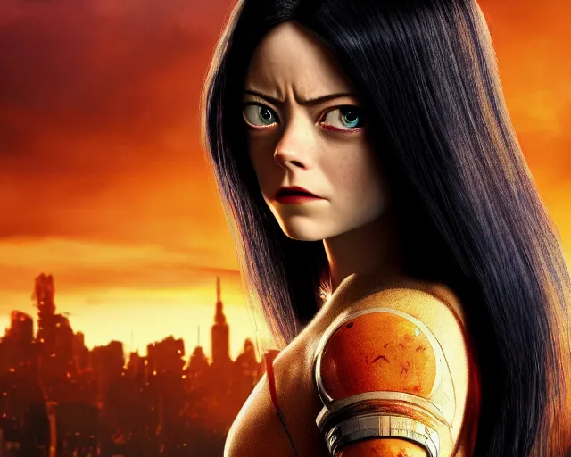 Image similar to a film still from battle angel alita played by actress emma stone, portrait, beautiful, cinematic lighting, photorealistic, hyperrealistic, highly detailed, close - up, high resolution, 4 k