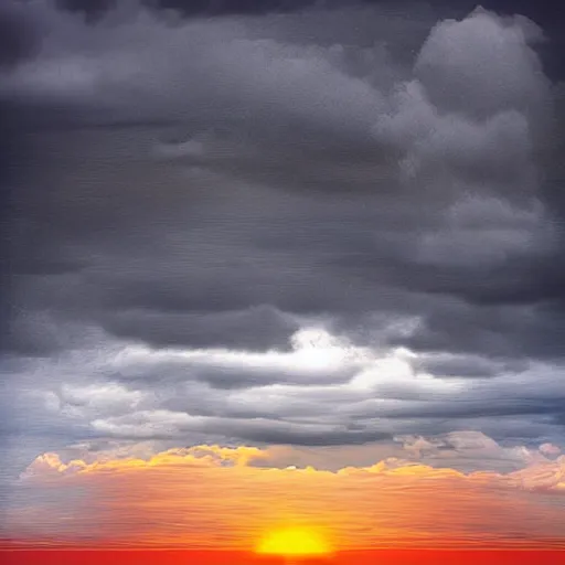 Image similar to spoonfuls of gloomy and dark clouds in a dark sky, with a warm sunset over the ocean leering towards the horizon where a sailboat is overshadowed by the waves, digital art