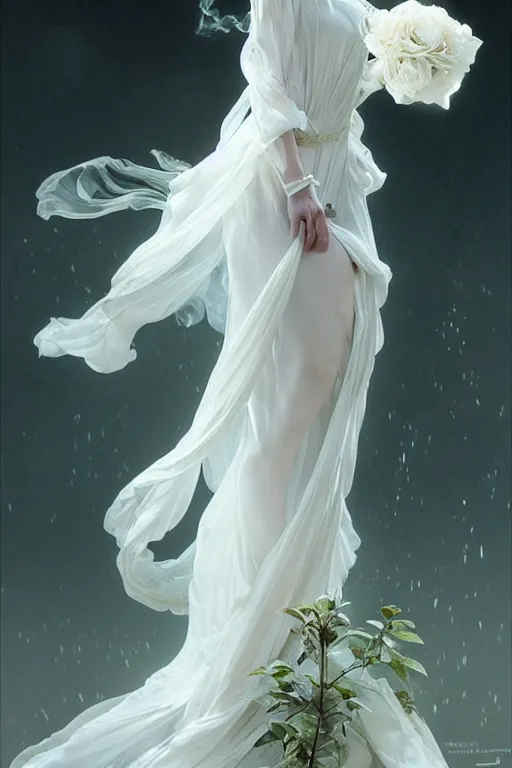 Prompt: woman dressed in a vaporous wrapped large victorian white roses silk semi-transparent dress fashion is running D&D, fantasy, intricate, elegant, highly detailed, digital painting, artstation, concept art, matte, sharp focus, illustration, art by Artgerm and Greg Rutkowski and Alphonse Mucha