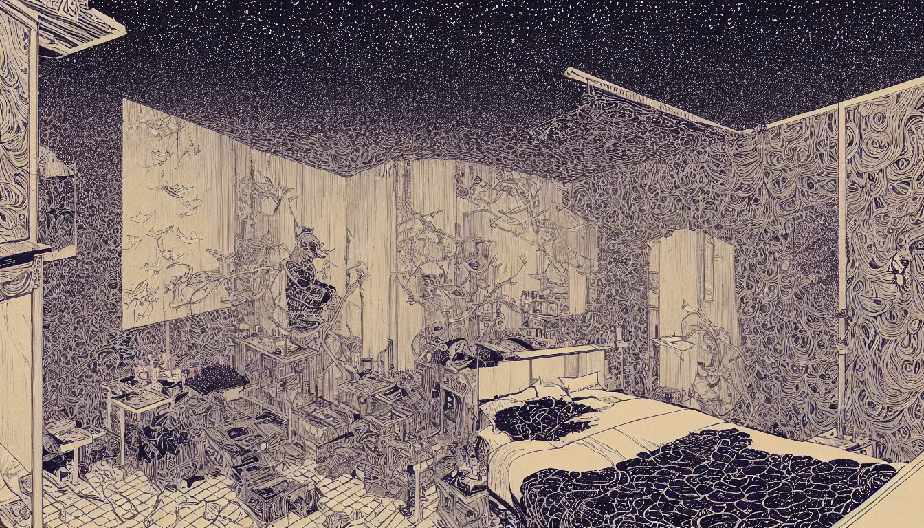 Prompt: bedroom by woodblock print, nicolas delort, moebius, victo ngai, josan gonzalez, kilian eng