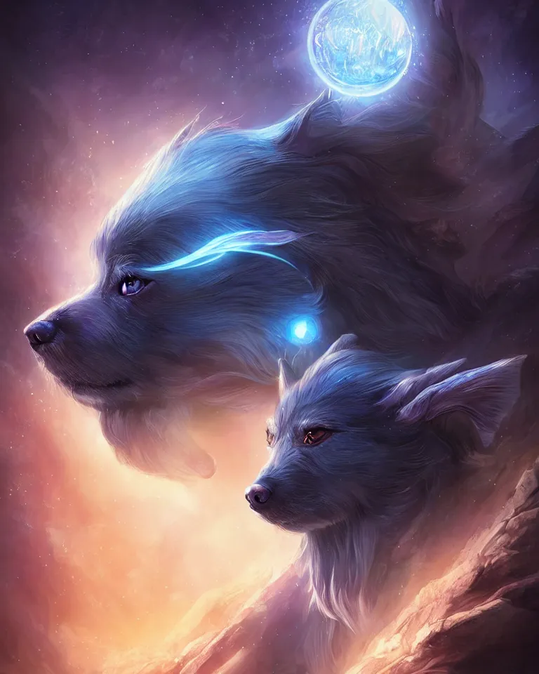 Image similar to beautiful cinematic fantasy poster, cartoon dog. beautiful glowing galaxy eyes, hybrid from The Elden Ring and art direction by Darius Zawadzki ;by artgerm; wayne reynolds art station; cinematic quality character render; low angle; ultra high quality model; production quality cinema model