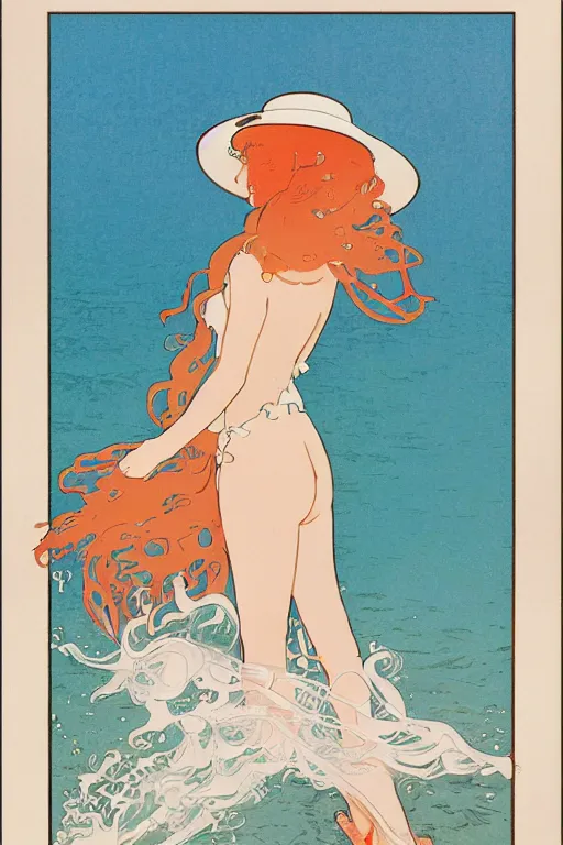 Prompt: A girl in a white lacy bikini and white sun hat and Holding a heart-shaped lifebuoy, jumping for joy,long orange hair floating on air ,Waves and splashes,beach,geometric shapes, hard edges ,Smooth visual lines,,graphic Design by mucha and studio ghibli