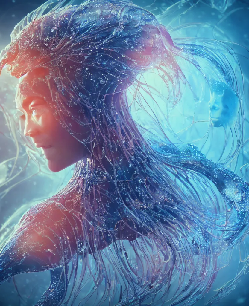 Image similar to close-up macro portrait of the face of a beautiful princess, epic angle and pose, symmetrical artwork, 3d with depth of field, blurred background, cybernetic jellyfish female face skull phoenix bird, translucent, nautilus, energy flows of water and fire. a highly detailed epic cinematic concept art CG render. made in Maya, Blender and Photoshop, octane render, excellent composition, cinematic dystopian brutalist atmosphere, dynamic dramatic cinematic lighting, aesthetic, very inspirational, arthouse. y Greg Rutkowski, Ilya Kuvshinov, WLOP, Stanley Artgerm Lau, Ruan Jia and Fenghua Zhong