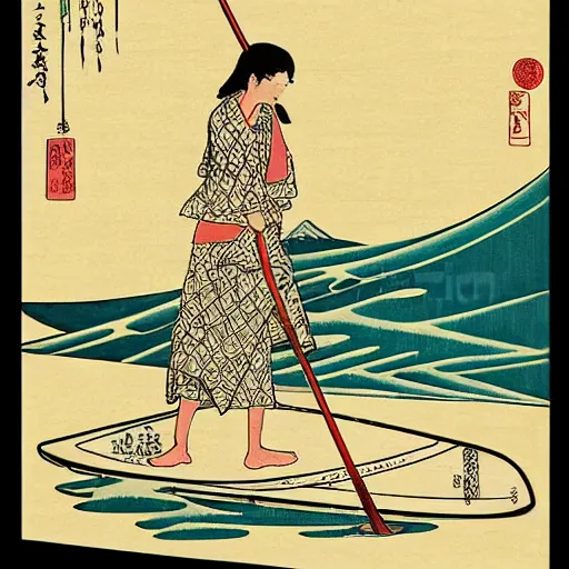 Prompt: girl stand up paddle board sup, woodblock print, style of hokusai, fine art, style of kanagawa, painting