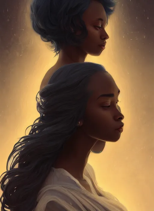 Image similar to handsome young black women with shoulder length white hair, half body shot, path traced, highly detailed, high quality, digital painting, alena aenami, lilia alvarado, shinji aramaki, karol bak, alphonse mucha, tom bagshaw