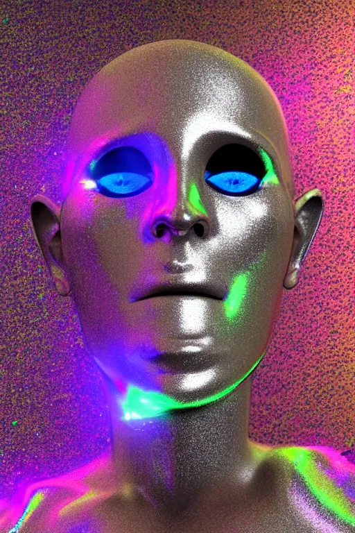 Image similar to 3d render of holographic angry human robotic screaming angry bust made of glossy iridescent, screaming, bust, surrealistic 3d illustration of a human non-binary, non binary model, 3d model human, cryengine, made of holographic texture, holographic material, holographic rainbow, concept of cyborg and artificial intelligence