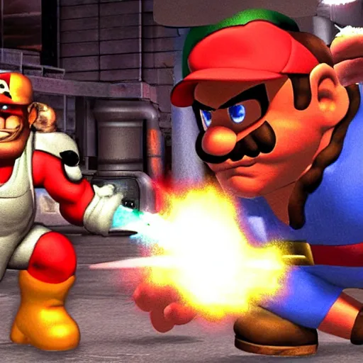 Prompt: Duke Nukem fighting Mario in the video game Super Smash Brothers