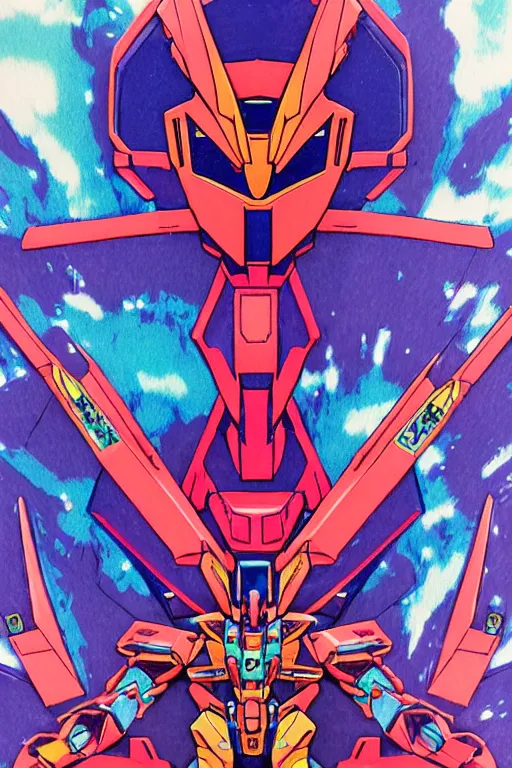 Prompt: risograph grainy painting of gigantic huge evangelion - like gundam mech face, with huge earrings and rings around head with a lot of details, covered with rich jewelry, by moebius and dirk dzimirsky and satisho kon, close - up wide portrait