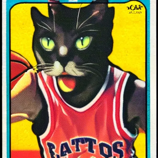 Prompt: cat on retro basketball topps card