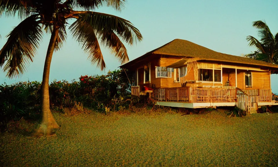 Image similar to 35mm film still, morning light over wood bungalow on the beach of a tropical island, vivid , color palette of gold