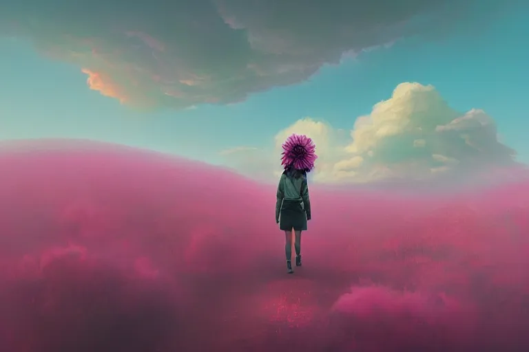 Image similar to giant dahlia flower as head, girl walking on mountain, surreal photography, pink storm clouds, dramatic light, impressionist painting, digital painting, artstation, simon stalenhag