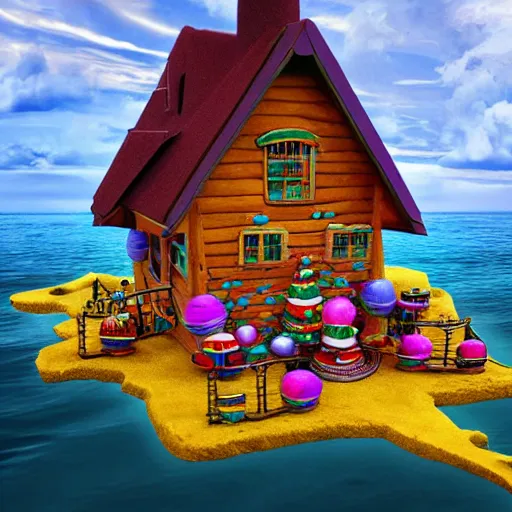 Image similar to a witches house made out of realistic candy on the ocean, epic scene, fantasy, redshift render, cgi, hyper - detailed, photo - bash, 8 k post - production, masterpiece