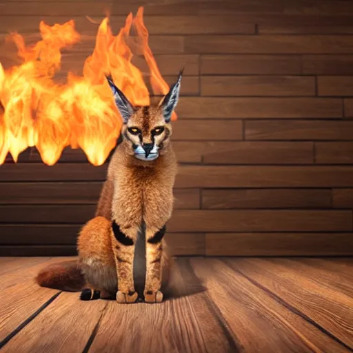 Image similar to wide-angle photo of cute caracal sitting on a wooden chair near a table in a room, flames of fire at background, octane render, 3d, 8k , hd, studio light