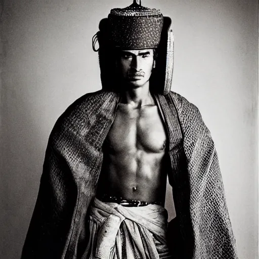 Prompt: A Moroccan samurai, portrait, by Richard Avedon, Derek Ridgers, Mert and Marcus